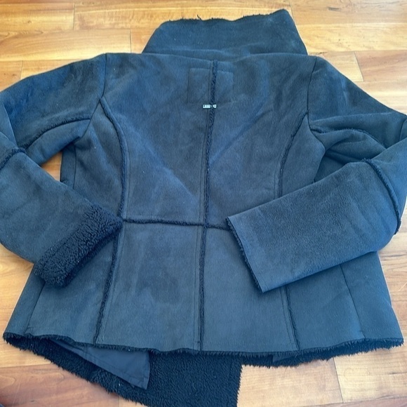 Prana Gray/Black Faux Suede shearling Lined Jacket Open Front draped townie XS/S - Picture 6 of 11
